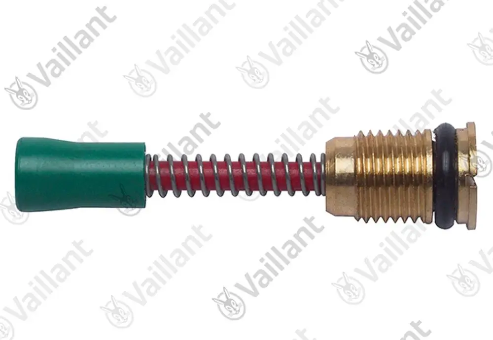Vaillant-Komponente mit grünem Kunststoffteil, roter Feder und metallischem Gehäuse. Eignet sich für technische Anwendungen im Heizungsbereich.